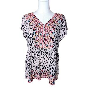 Savanna Jane Top Small Leopard Print Multicolor Embroidered V Neck‎ Blouse